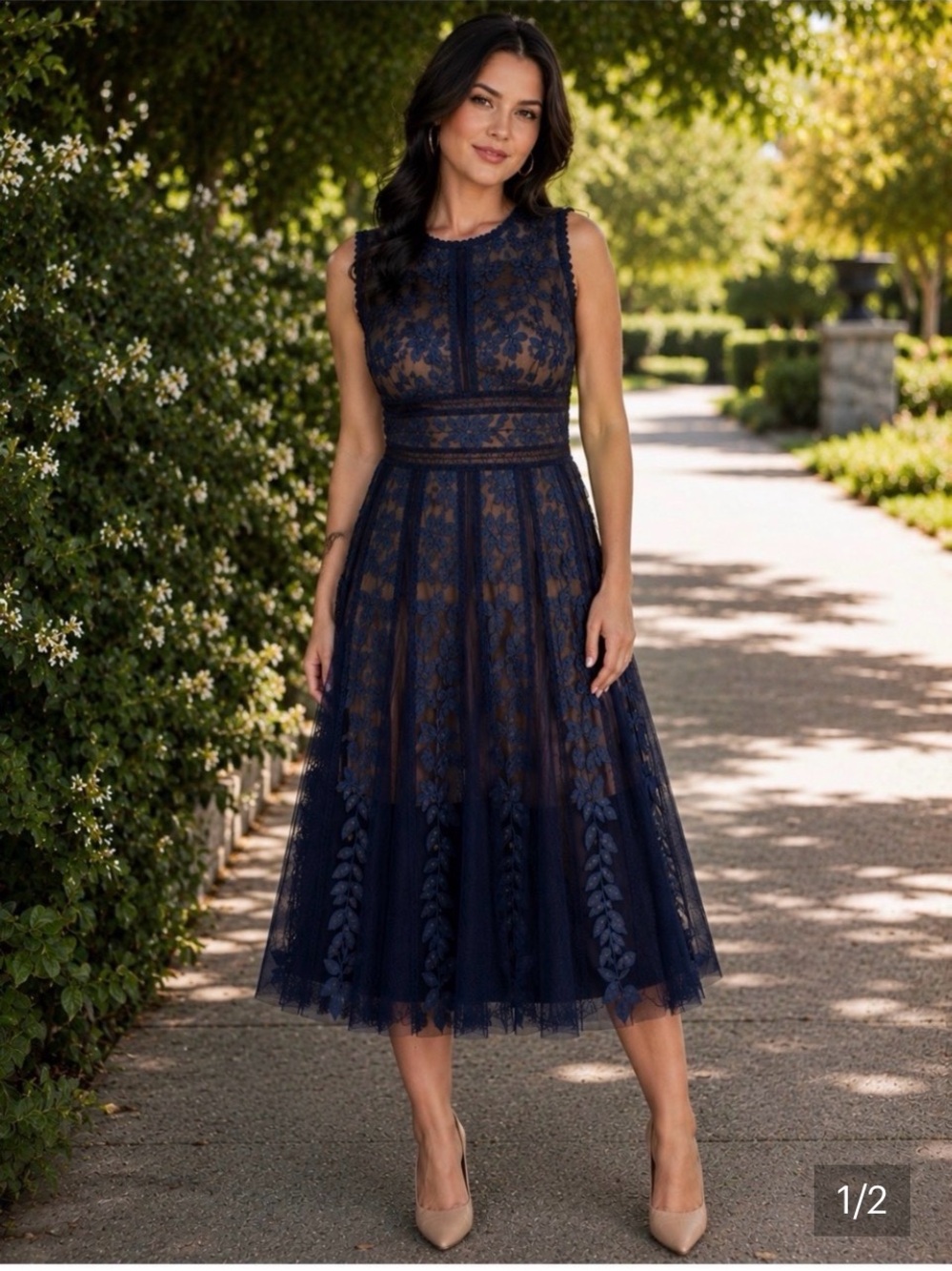 Bronx and Banco Navy Blue Floral Lace Midi Dress